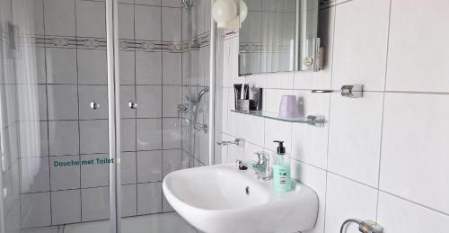 a white bathroom with a sink and a shower at B&B Koningsbosch in Koningsbosch