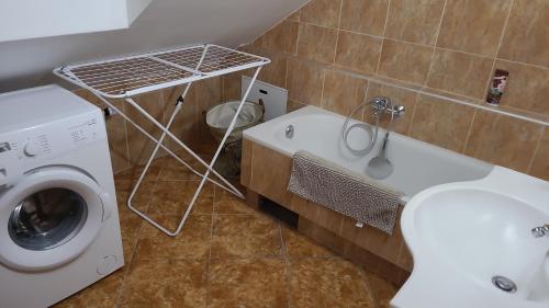 a bathroom with a washing machine and a sink at Charm Apartment in Kecskemét