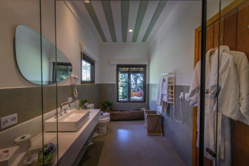 a bathroom with a sink and a toilet and a mirror at Quinta dos Pinhais Pouso e Charme in Santo Antônio do Pinhal