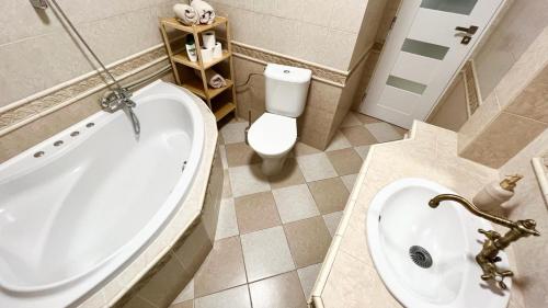 a bathroom with a tub and a toilet and a sink at Penzion U Radnice , byt 5 in Znojmo
