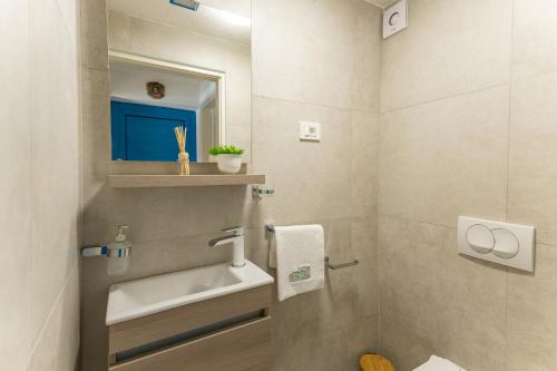 La salle de bains est pourvue d'un lavabo, de toilettes et d'un miroir. dans l'établissement Otus, à Kraj