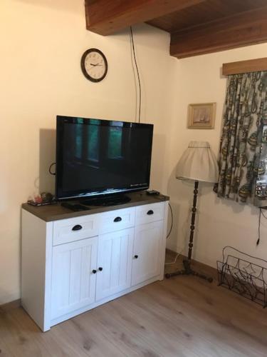 een tv op een witte kast in een kamer bij Chata U Selské rokle in Doksy