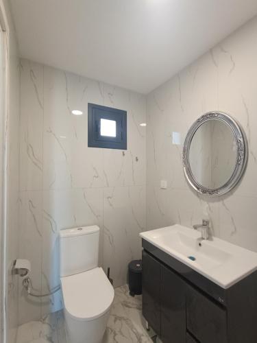 a bathroom with a toilet and a sink and a mirror at Bella Kaliva in Kalives Poligirou