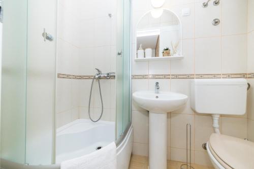 a bathroom with a shower and a sink and a toilet at Apartmani F&M in Kotor