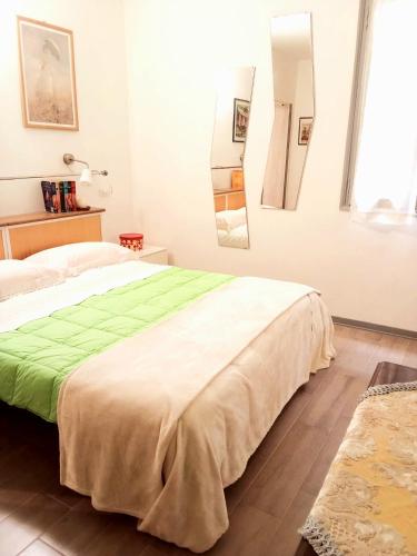 ein Schlafzimmer mit einem großen Bett und einer grünen Decke in der Unterkunft L'approdo in Venedig