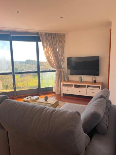 ein Wohnzimmer mit einem Sofa und einem Flachbild-TV in der Unterkunft Apartamento Boiro centro in Boiro