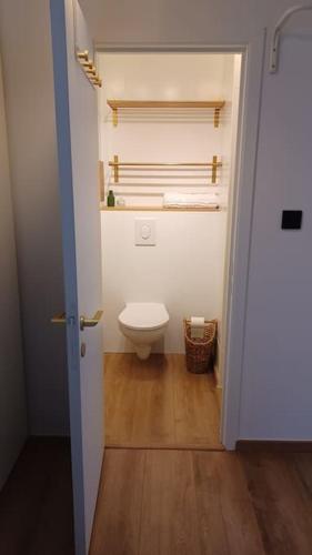 a bathroom with a toilet in a small room at Pépite in Dinant
