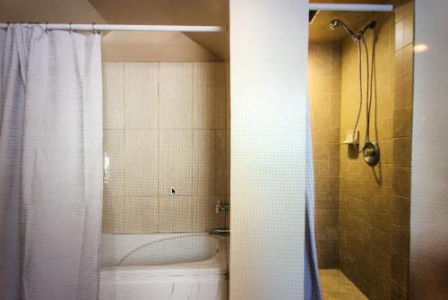 a bathroom with a shower and a tub and a toilet at Luxury 2 Bedroom Suite Apartment in Koreatown in Los Angeles