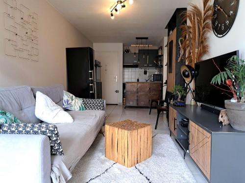 un salon avec un canapé et une table dans l'établissement T2 Centre-ville Parking, à Sète