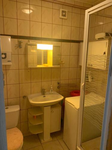 ein Bad mit einem Waschbecken, einem WC und einer Dusche in der Unterkunft Apartament „Jak u babci” in Jelenia Góra