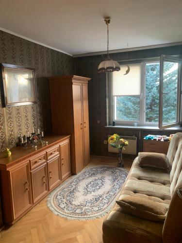 ein Wohnzimmer mit einem Sofa und einem Tisch in der Unterkunft Apartament „Jak u babci” in Jelenia Góra