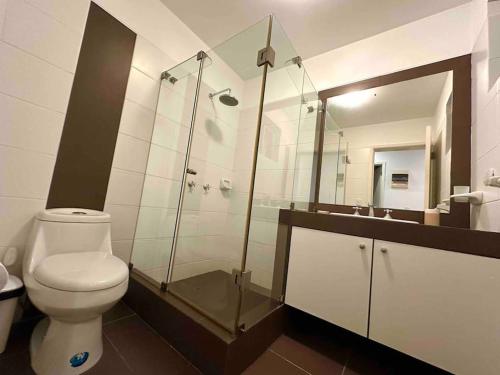 La salle de bains est pourvue de toilettes et d'une douche en verre. dans l'établissement VISTAMAR PARACAS Depa de playa la mejor vista, à Paracas