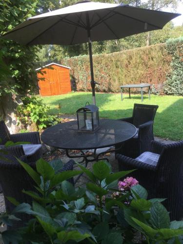 a patio table with an umbrella in a yard at Welkom op de Mildert in Nederweert