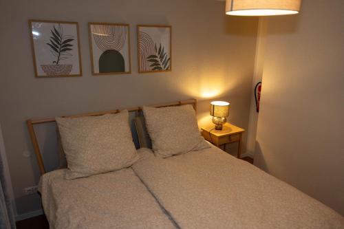 a bedroom with a bed with two pillows and a lamp at Ferienwohnung in der Natur in Ober-Hilbersheim