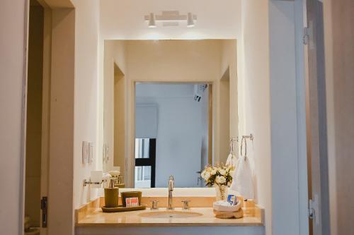 uma casa de banho com um lavatório e um espelho grande em Alcazar Suites Deluxe em Salta
