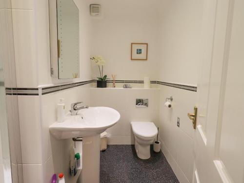 a white bathroom with a sink and a toilet at Beechside in Ambleside