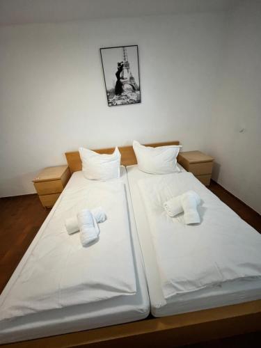 two beds sitting next to each other in a room at Premium Apartment 70qm 2,5 Zimmer Küche, Smart TV, Garage, WiFi in Heidenheim an der Brenz