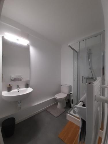 une salle de bain blanche avec un lavabo et des toilettes dans l'établissement Résidence du Léon, à Landivisiau