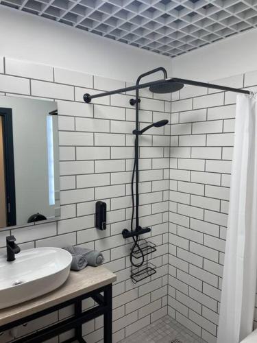 ein Bad mit einer Dusche, einem Waschbecken und einem Spiegel in der Unterkunft Apartment Loftas13-7 in Kretinga