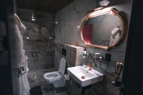 a bathroom with a sink and a toilet and a mirror at OROOM Saint Petersburg Karlovy Vary in Karlovy Vary