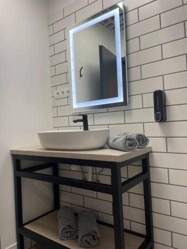 ein Bad mit Waschtisch, Waschbecken und Spiegel in der Unterkunft Apartment Loftas13-5 in Kretinga