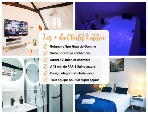 a collage of pictures of a room with a bed and a sign at Chalet Lutétia, SPA & confort in Cormeilles-en-Parisis