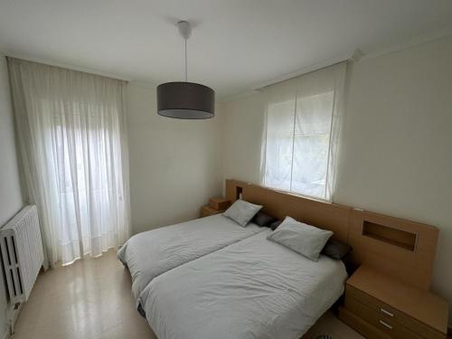 a bedroom with a bed and two windows at Casa con piscina Irache in Ayegui