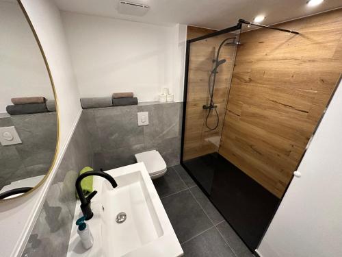 ein Bad mit einer Dusche, einem Waschbecken und einem WC in der Unterkunft Cityflair Apartments Rummelsburg in Berlin