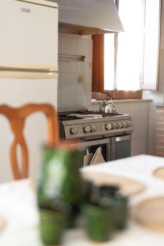 a kitchen with a stove and a sink and a table at ZEM casolare in Petriolo