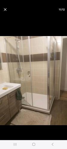 La salle de bains est pourvue d'une douche et d'un lavabo blanc. dans l'établissement Maison rénovée proche circuit des 24H, au Mans