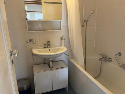 La salle de bains est pourvue d'un lavabo, d'une douche et d'une baignoire. dans l'établissement Grand Appartement avec 3 chambres à coucher, à Lausanne