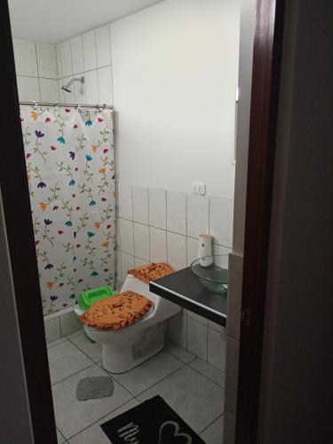 a bathroom with a shower and a toilet and a sink at Yanahuara apartaments in Arequipa