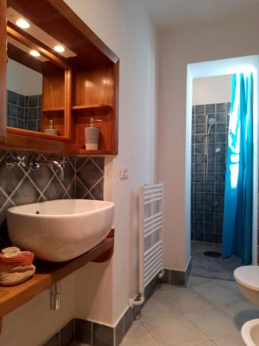 W łazience znajduje się umywalka i prysznic. w obiekcie Casa San Simon w mieście Massa