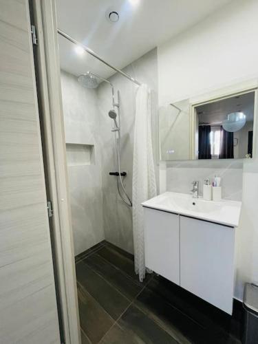 a white bathroom with a shower and a sink at Studio, Maison, rez de chaussée, Perpignan in Perpignan