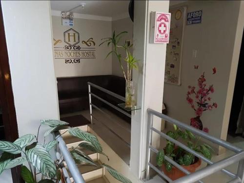 a set of stairs with plants in a hallway at HOSTAL BUENAS NOCHES in Chachapoyas