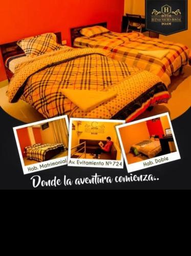 a collage of pictures of a bedroom with a bed at HOSTAL BUENAS NOCHES in Chachapoyas