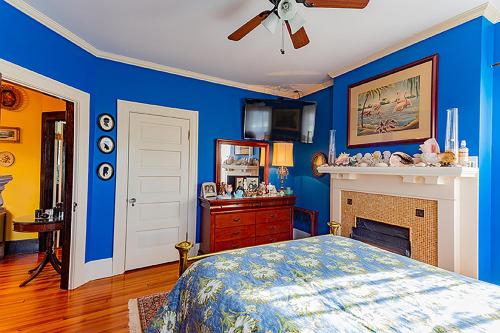 a blue bedroom with a bed and a fireplace at Mike & Allen's Place on the Park_1 in Columbus