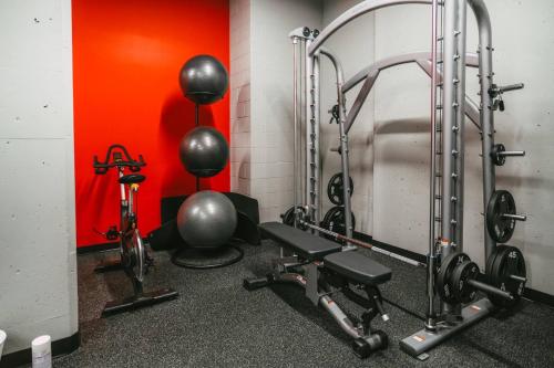 a fitness room with a gym with a bench and weights at NEW Luxury 1BR Penthouse Apt In Central Halifax in Halifax