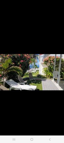 德豪特漁村的住宿－Duplex bord de mer，一张带椅子和鲜花的庭院的照片
