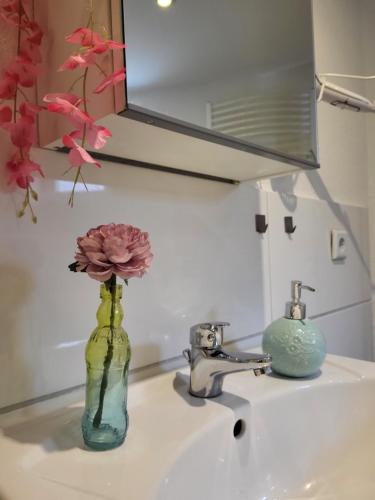um vaso com uma flor sentado no lavatório da casa de banho em Mandelas Cozy Lounge em Schmelz