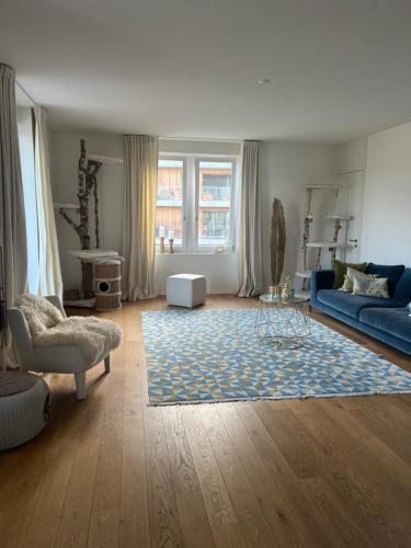 un soggiorno con divano blu e tappeto blu di Casa Bolero a Horgen