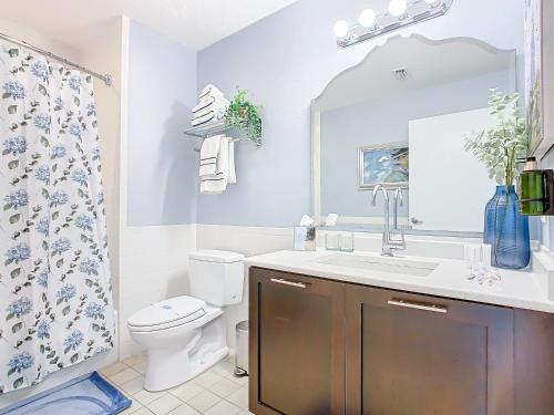 a bathroom with a toilet and a sink and a mirror at 1Bed/1Bath Pet Friendly Condo at the Melia in Orlando