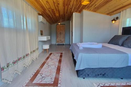 1 dormitorio con 2 camas y techo de madera en Villa Mucize, en Fethiye