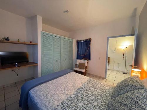 サン・ホセ・デル・カボにあるCasa Kanteのベッドルーム(ベッド1台、テレビ、バスルーム付)