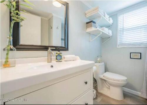 a bathroom with a sink and a toilet and a mirror at Freshly Renovated Oceanfront Gem Near St Augustine in Ponte Vedra Beach