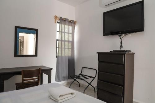 Cette chambre comprend un lit et une télévision sur une commode. dans l'établissement ANTIQUE Guest House Fundidora, à Monterrey