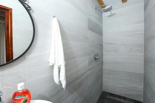 a bathroom with a white towel and a mirror at Apartments by the sea Prozurska Luka, Mljet - 22335 in Maranovići