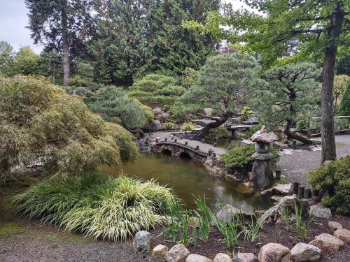 a garden with a bridge over a pond at Burien's Top Unit with Spa-Inspired Bathroom in Burien