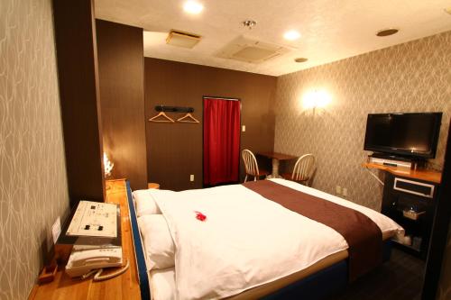 Habitación de hotel con cama, escritorio y TV. en Hotel Mori no Komichi, en Fukuchiyama
