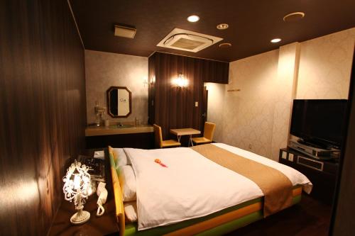 Habitación de hotel con cama y TV en Hotel Mori no Komichi en Fukuchiyama